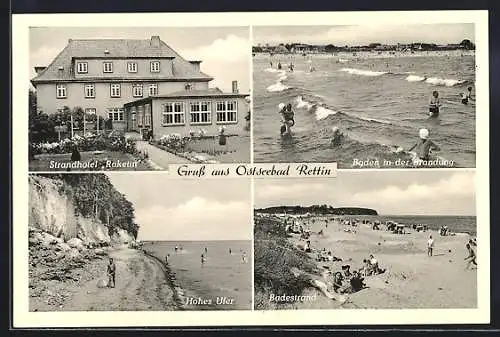 AK Rettin, Strandhotel Raketin, Bes. Hermann Guttau, Hohes Ufer, Badestrand