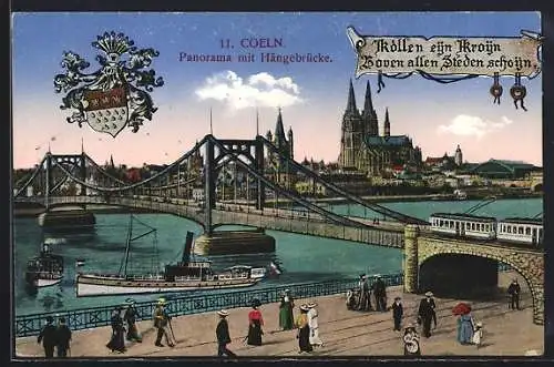 AK Köln, Panorama mit Hängebrücke, Strassenbahn