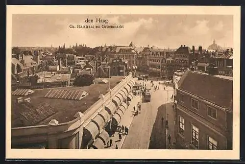 AK Den Haag, Gr. Halstraat en Groenmarkt, Strassenbahn