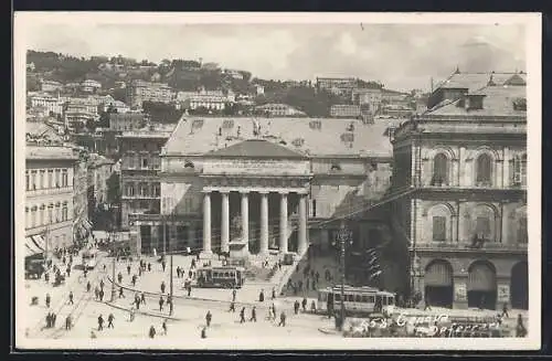 AK Genua, Oper und Garibaldi-Denkmal, Strassenbahnen