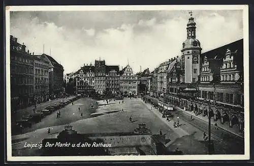 AK Leipzig, Markt und altes Rathaus mit Strassenbahn