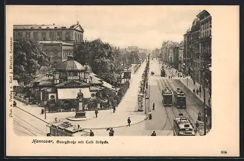 AK Hannover, Georgstrasse mit Cafe Kröpcke und Strassenbahnen