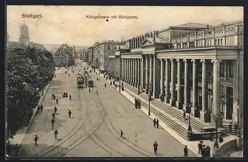 AK Stuttgart, Königstrasse mit Königsbau und Strassenbahnen