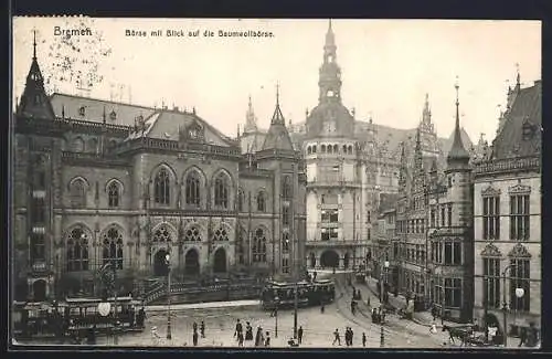 AK Bremen, Börse mit Blick auf Baumwollbörse und Strassenbahnen