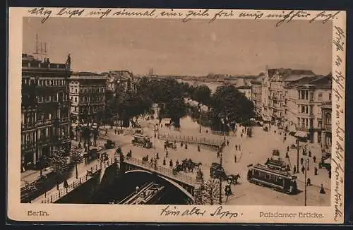 AK Berlin, Potsdamer Brücke mit Strassenbahn aus der Vogelschau