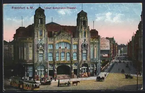 AK Frankfurt am Main, Strassenbahnverkehr vor dem Albert Schumann-Theater