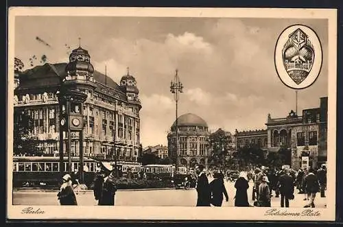 AK Berlin-Tiergarten, Blick auf Potsdamer Platz mit Strassenuhr u. Strassenbahn