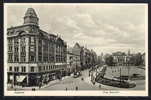 AK Poznan, Plac Wolnosci, Strassenbahn