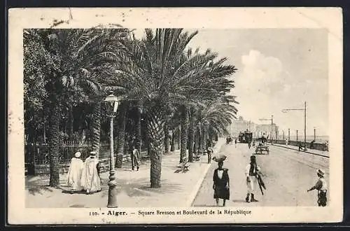 AK Alger, Square Bresson et Boulevard de la Republique, Strassenbahn