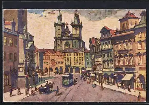 Künstler-AK Prag, Altstädter Ring mit Teinkirche und Strassenbahn