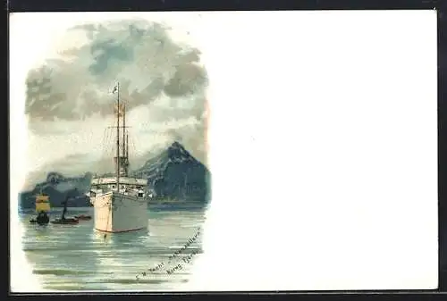 Lithographie SM Yacht Hohenzollern vor einem Norweg. Fjord