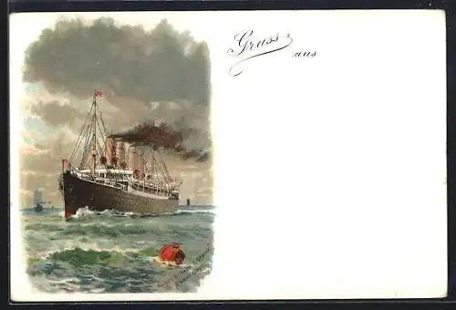 Lithographie Passagierschiff Kaiser Wilhelm d. Grosse auf See, Bremer Lloyd