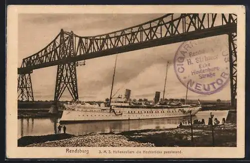 AK Rendsburg, SMS Hohenzollern die Hochbrücke passierend