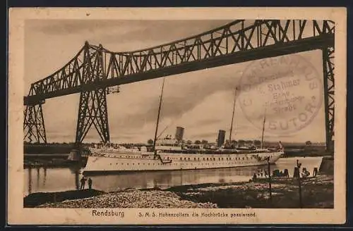 AK Rendsburg, SMS Hohenzollern passiert die Hochbrücke