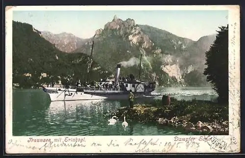 AK Salondampfer Sofie auf dem Traunsee, Blick gegen den Erlakogel