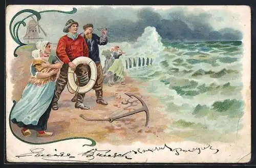 Lithographie Seemänner und Frauen mit Rettungsring am Strand wartend