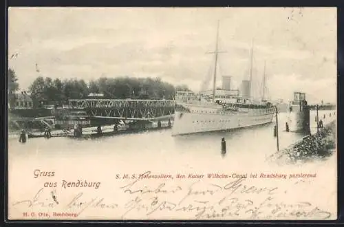 AK Rendsburg, SMS Hohenzollern auf dem Kaiser Wilhelm-Kanal