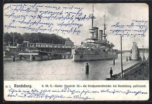 AK Rendsburg, Kriegsschiff SMS Kaiser Friedrich III. auf dem Kaiser Wilhelm-Kanal