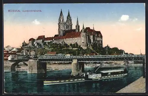 AK Meissen, Dampfer Meissen vor der Albrechtsburg auf der Elbe