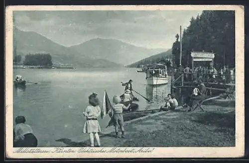 AK Elektrisches Motorboot Aribo an der Dampfschiff-Station, Millstättersee