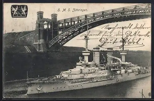 AK Kriegsschiff SMS Zähringen unter einer Brücke