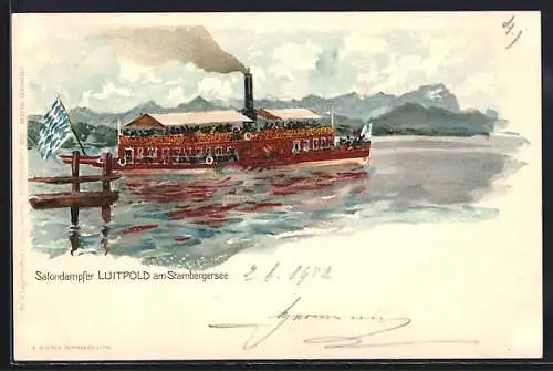 Lithographie Der Salondampfer Luitpold am Starnberger See