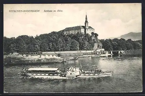 AK Tetschen-Bodenbach, Schloss mit Elbe-Dampfer Kaiser Franz Josef