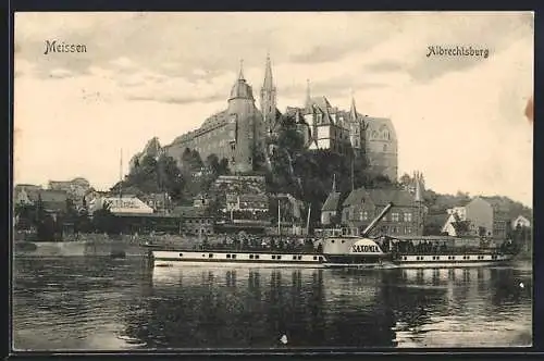 AK Meissen, Dampfer Saxonia auf der Elbe vor der Albrechtsburg