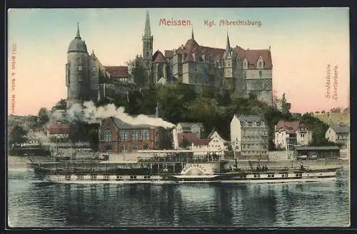 AK Meissen, Dampfer Bodenbach auf der Elbe, Blick zur Königl. Albrechtsburg