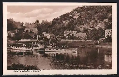 AK Rathen /Sächs. Schweiz, Dampfer Habsburg mit Passagieren, Gasthaus Rosengarten