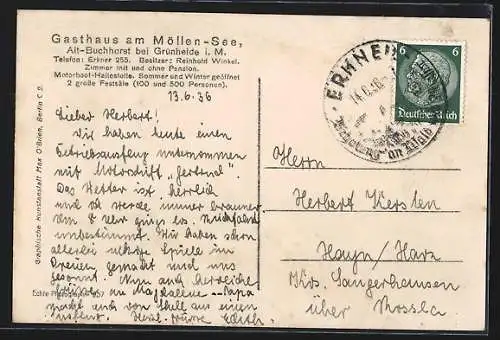 AK Grünheide i. M., Gasthaus am Möllensee, Untere Terrasse, Bes. Reinhold Winkel