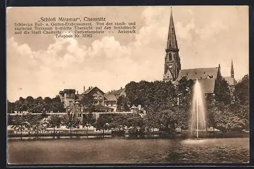 AK Chemnitz, Schloss Miramar, Ansicht mit Fontaine