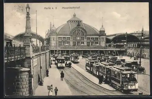 AK Halle a. S., Strassenbahnen am Hauptbahnhof