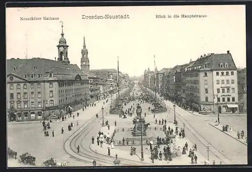 AK Dresden-Neustadt, Neustädter Rathaus, Blick in die Hauptstrasse