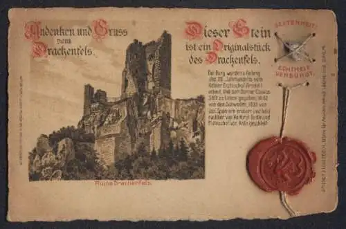 Lithographie Drachenfels, Ruine Drachenfels, Originalstein vom Drachenfels, Siegel