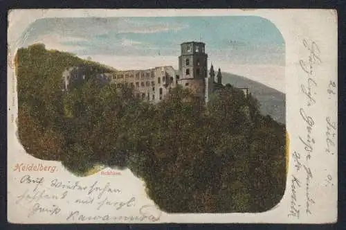 Glitzer-Perl-AK Heidelberg, Schloss, umgebender Wald mit Glitzer-Perlen