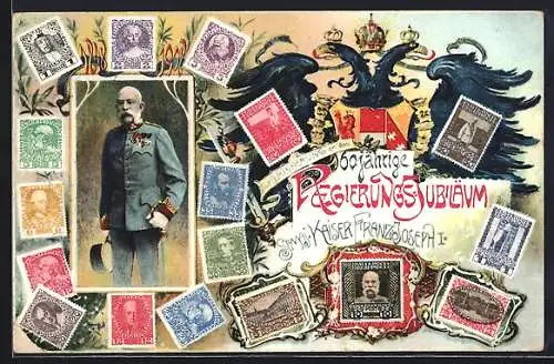 AK Portrait Kaiser Franz Josef I. von Österreich, 60 jähriges Regierungs-Jubiläum, Briefmarken & Doppeladler