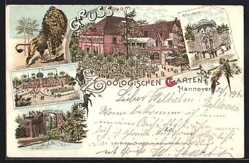 Lithographie Hannover, Zoologischer Garten, Kameelhaus, Felsen, Affenhaus