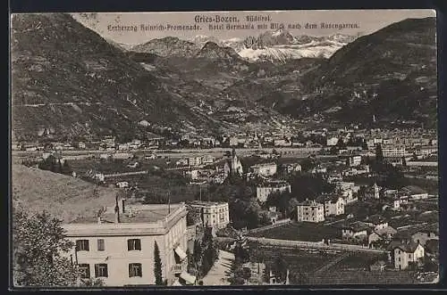 AK Gries-Bozen /Südtirol, Erzherzog Heinrich-Promenade und Hotel Germania mit Blick nach dem Rosengarten