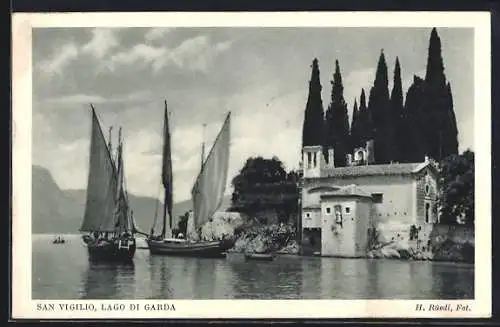 AK Punta San Vigilo /Lago di Garda, Panorama mit Segelbooten