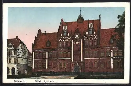 Goldfenster-AK Salzwedel, Städt. Lyzeum mit goldenen Fenstern