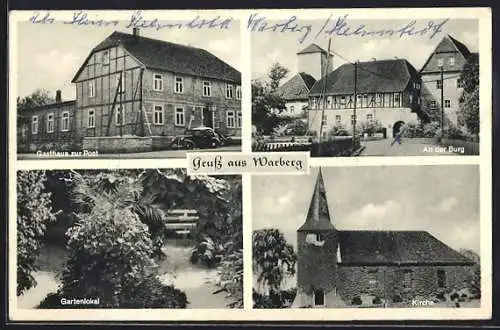 AK Warberg, Gasthaus zur Post, An der Burg, Gartenlokal, Kirche