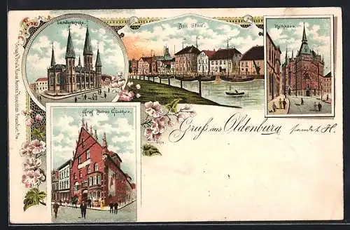 Lithographie Oldenburg / O., Granf Anton Günther, Lambertikirche, Rathaus, Am Stau