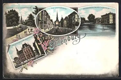 Lithographie Oldenburg / O., Grossherzogl. Palais v. Augusteum, Rathaus und Marktplatz, Lange Strasse, Gartenstrasse