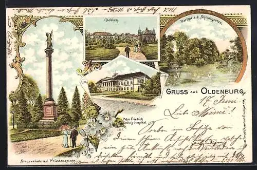 Lithographie Oldenburg / O., Dobben, Siegessäule a. Friedensplatz, Peter Friedrich Ludwig Hospital