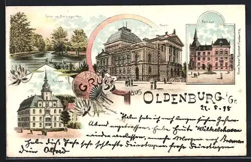 Lithographie Oldenburg / O., Theater, Rathaus, Schloss und Schlossgarten