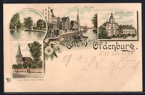 Lithographie Oldenburg / Oldenburg, Grossherzogliches Schloss, Kirchhofslinde am Gertrudenfriedhof