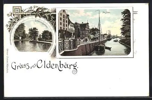 Lithographie Oldenburg / O., Der Stau, Partie im Schlossgarten