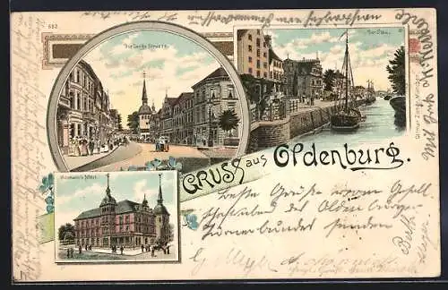 Lithographie Oldenburg / O., Achtmann`s Hotel, Der Stau, Die lange Strasse