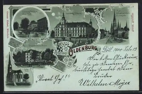 Mondschein-Lithographie Oldenburg / O., Grossherzogl. Schloss, Elisabeth-Anna-Palais, Schloss, St. Lamberti-Kirche